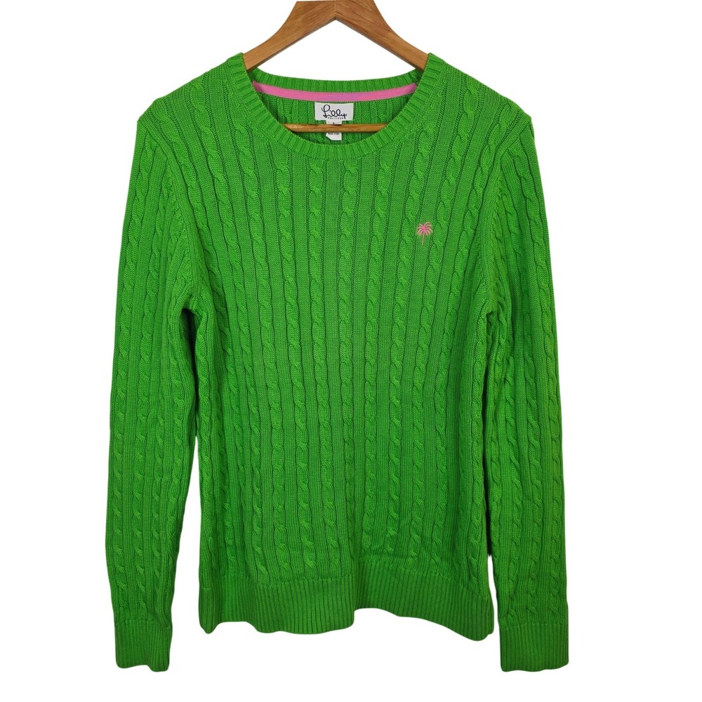 Lilly Pulitzer Gloria Cotton Sweater Grass Green XL Cable Knit Palm Tree
